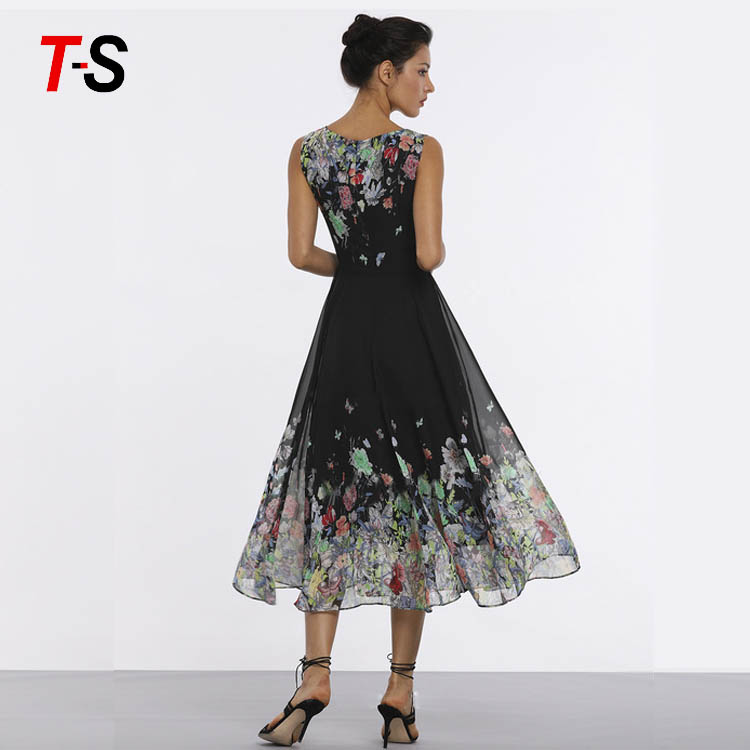 New 2019 print evening dress round neck sleeveless floral dress