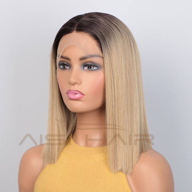 Aisi Hair Wholesale Short Ombre Blonde Dark Root Bob Wig Swiss Lace Wig Cheap Synthetic Lace Front Wigs For Black White Women