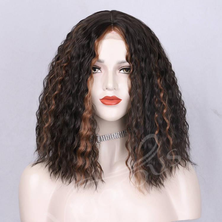 Swiss Lace Afro Deep Curly Closure Bob Short Mixed Black Brown Pre Plucked Synthetic Hair Wigs For Women Sale