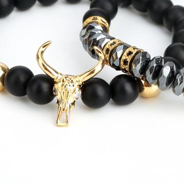 Punk CZ Bull Head Skull Men Bracelet Fashion ox Matte Onyx Stone Beads Charm Bracelets Bangles Macrame Strand Jewelry