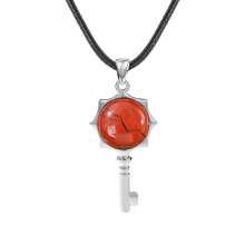 Red Jasper Round Cabs Silver Alloy Key Pendant Necklace 45cm Black Cord
