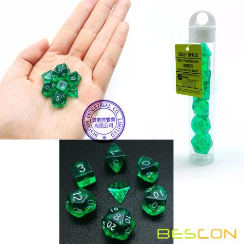 Bescon Mini Polyédrique Translucide RPG Dice Set 10MM, Petit jeu de rôle RPG Jeu Dice Set D4-D20 en Tube, Vert Transparent