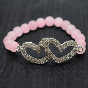 Pulsera de piedras preciosas elástica y cuentas redondas de cuarzo rosa de 8 mm con doble pieza de corazón Diamante