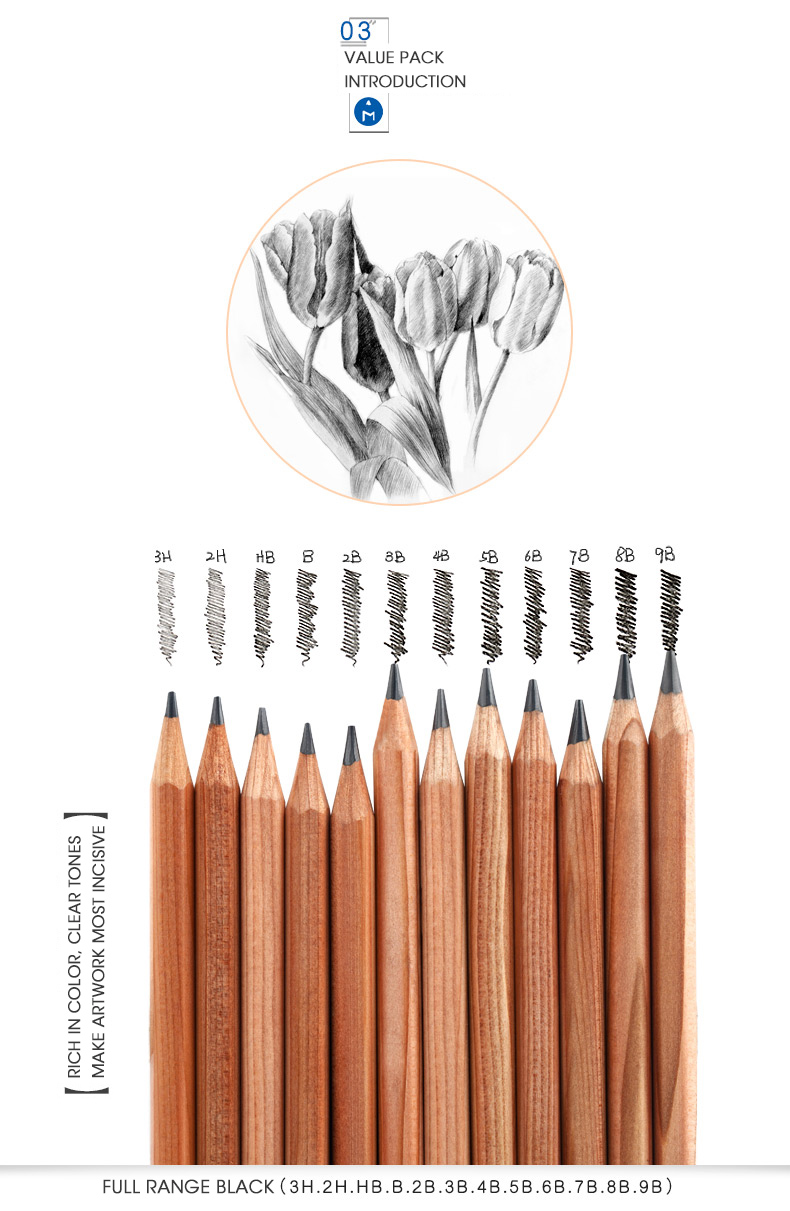 Andstal Andstal 21pcs Professional Sketch Drawing Value Pack Set with Black Pencils Charcoal Pencils art tool kit Graphite Pencils