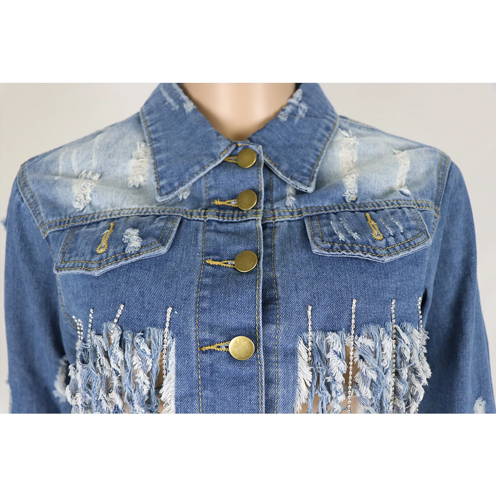 Wholesale Plus Size Denim Women Cotton Make Old Hole Tassels Jeans Jacket