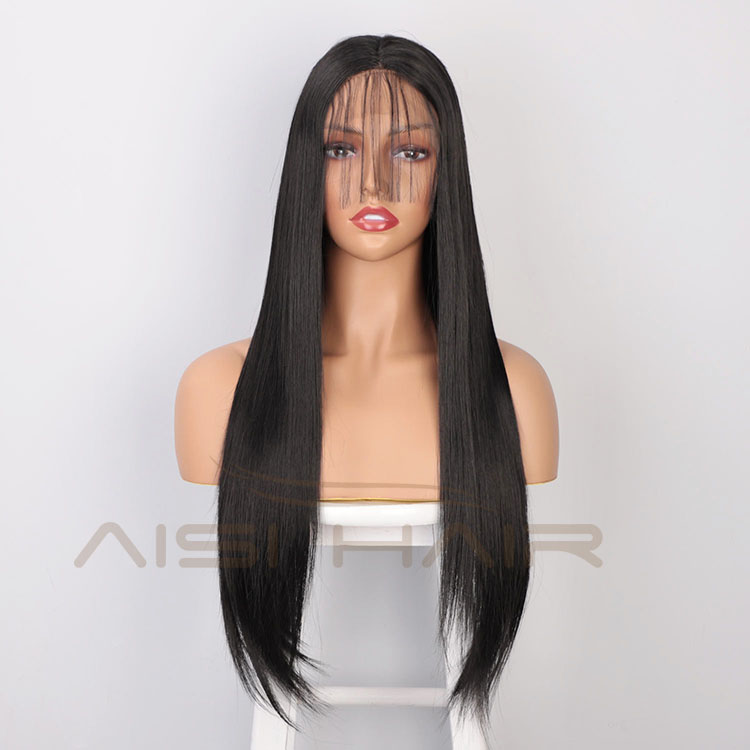 Aisi Hair Long Natural Straight Black Wig With Baby Hair Bangs Swiss Lace Wig Synthetic Lace Frontal Hair Wigs For Black Women