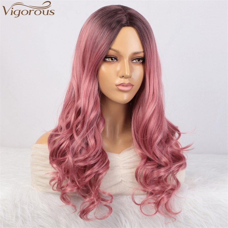 Vigorous Wholesale Price Long Natural Wave Cosplay Wig for Women Synthetic Ombre Pink Middle Part Wigs Heat Resistant