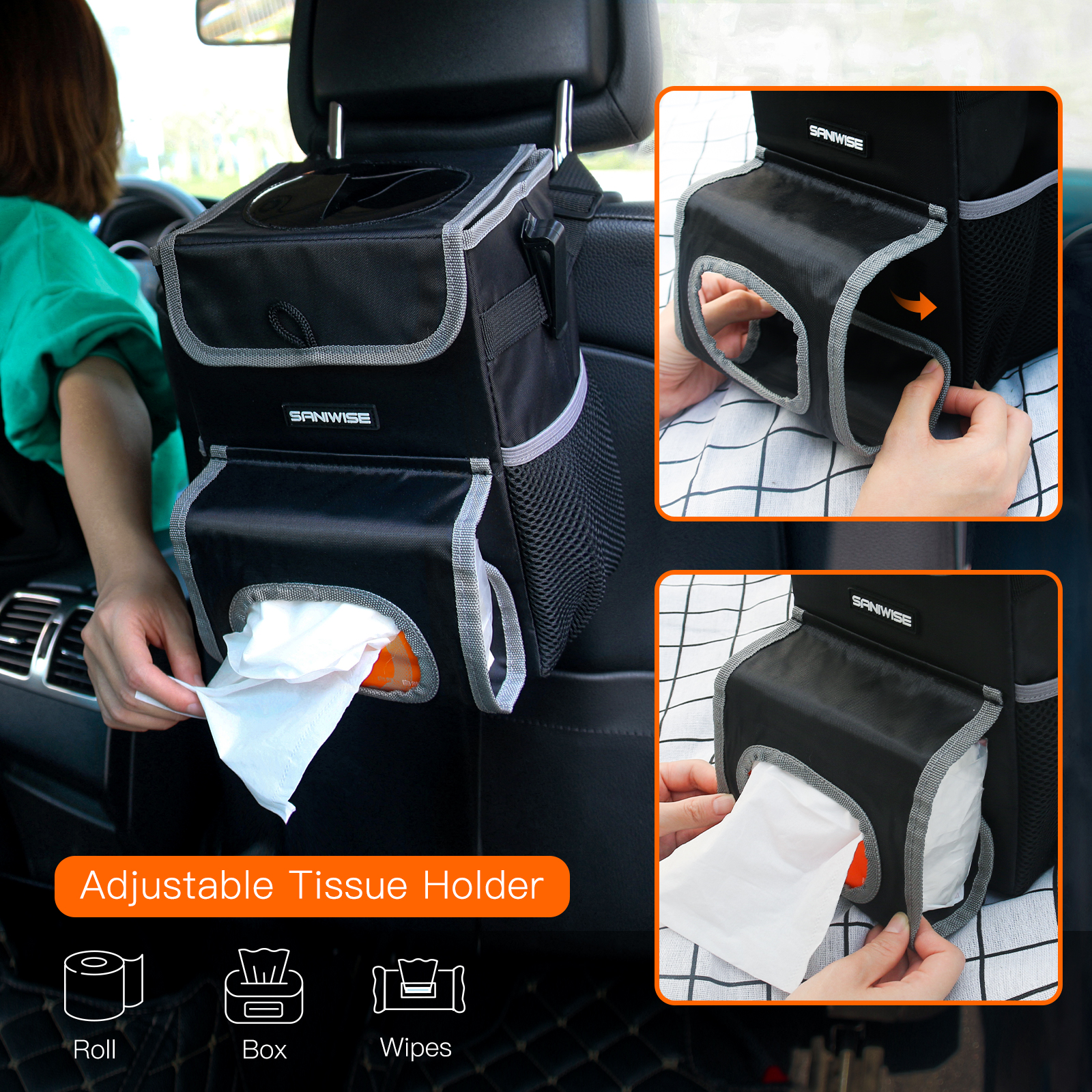 2020 new design car seat organizer with lid and storage, car dust bin car garbage can