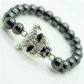 Hematite 8MM perles rondes Stretch Gemstone Bracelet avec Diamante alliage tête de léopard pièce