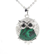 Malachite 24mm Beads Silver Owl Pendant Necklace Choker Jewelry