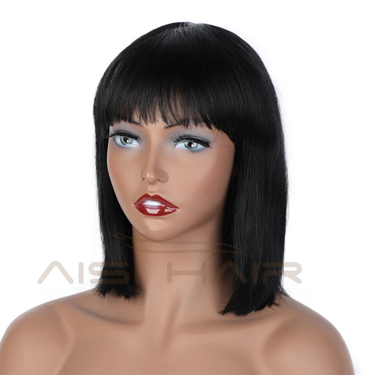 Aisi Hair For Black Women Silky Straight Wig With Bangs 100% Natural Black Short Bob 14 Inch Wig Human Hair Brazilian