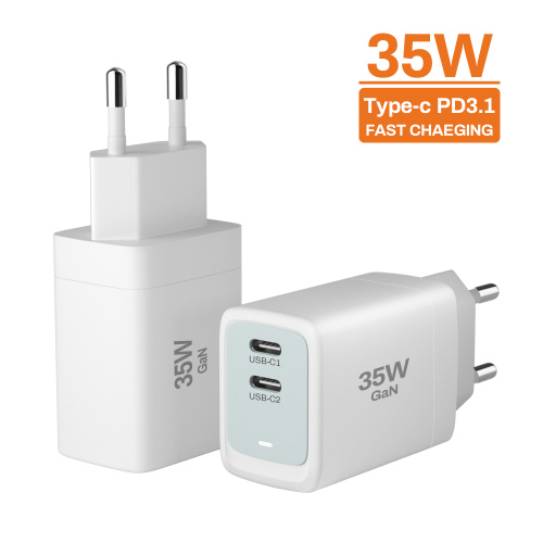 35 W 2 PD Foldable plug and multi-color bottom box fast charger for mobile device.