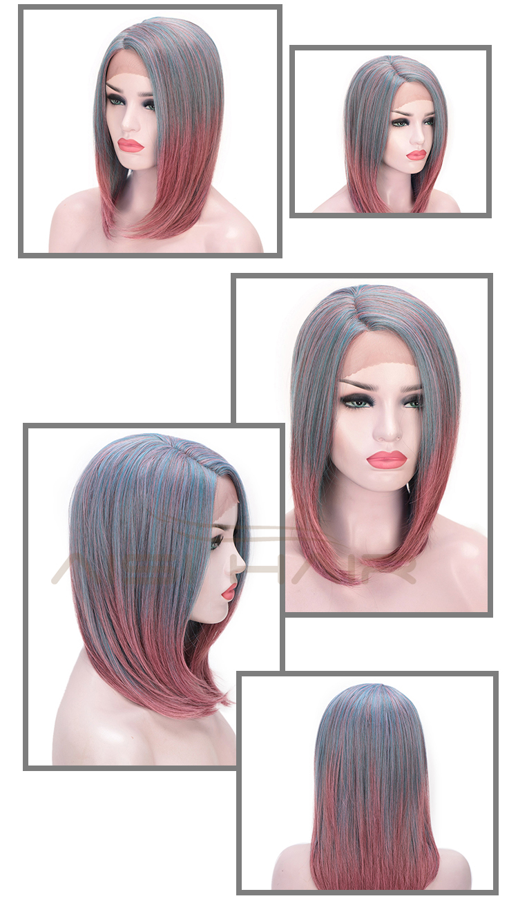 Aisi Hair Short Blue Mixed Pink Wig Straight Silky Front Lace Wig Cosplay Short Bob Lace Front Hair Wigs For Black White Women