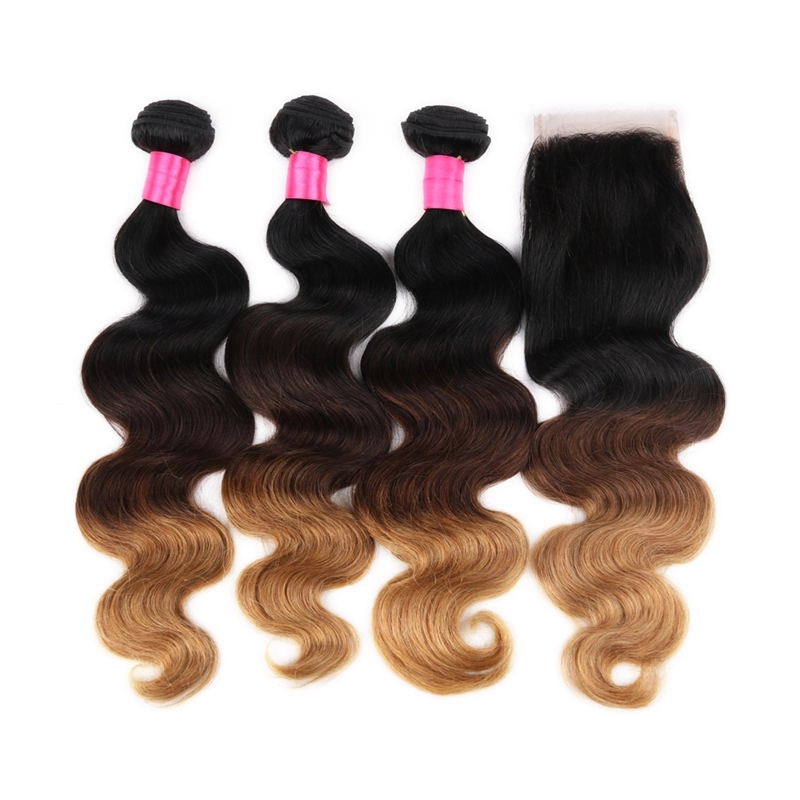 T1b/4/30  T1b/4/27 Ombre Body Wave Bundles 3 Tone Human Hair Weave Bundles With Closure