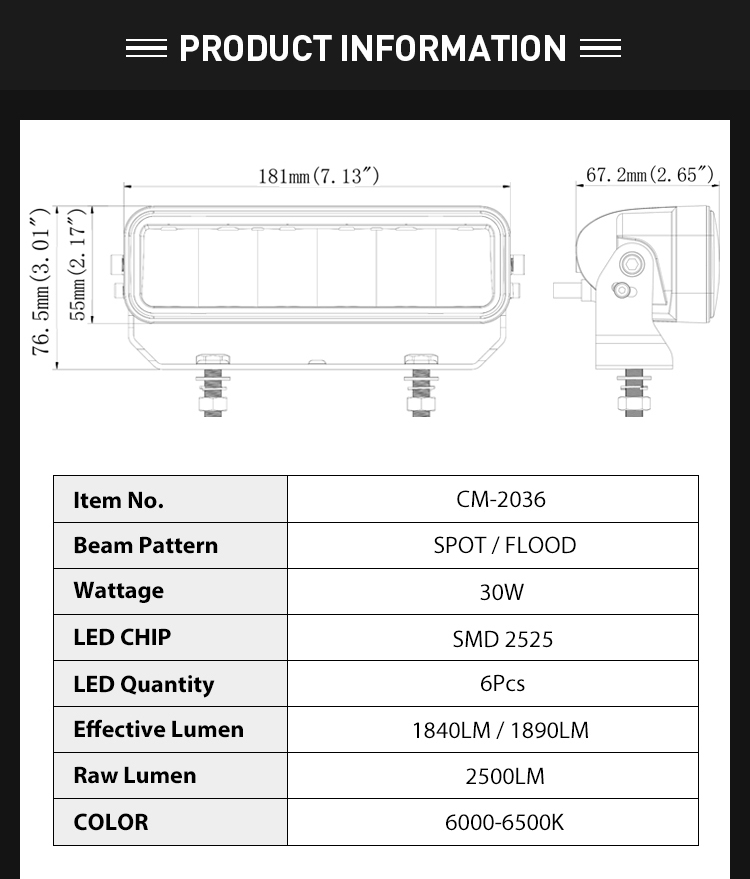 1840lm 7" 30w spot beam 3 place option of installation Led cube work light flood beam tow truck roof bumper light