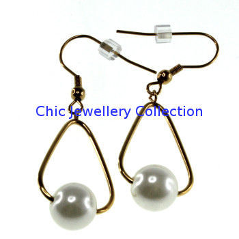 Stainless Steel White Cultured Pearl, Gold Plated Dangle Earrings, E062 Sgs Fish Hook Earrings
