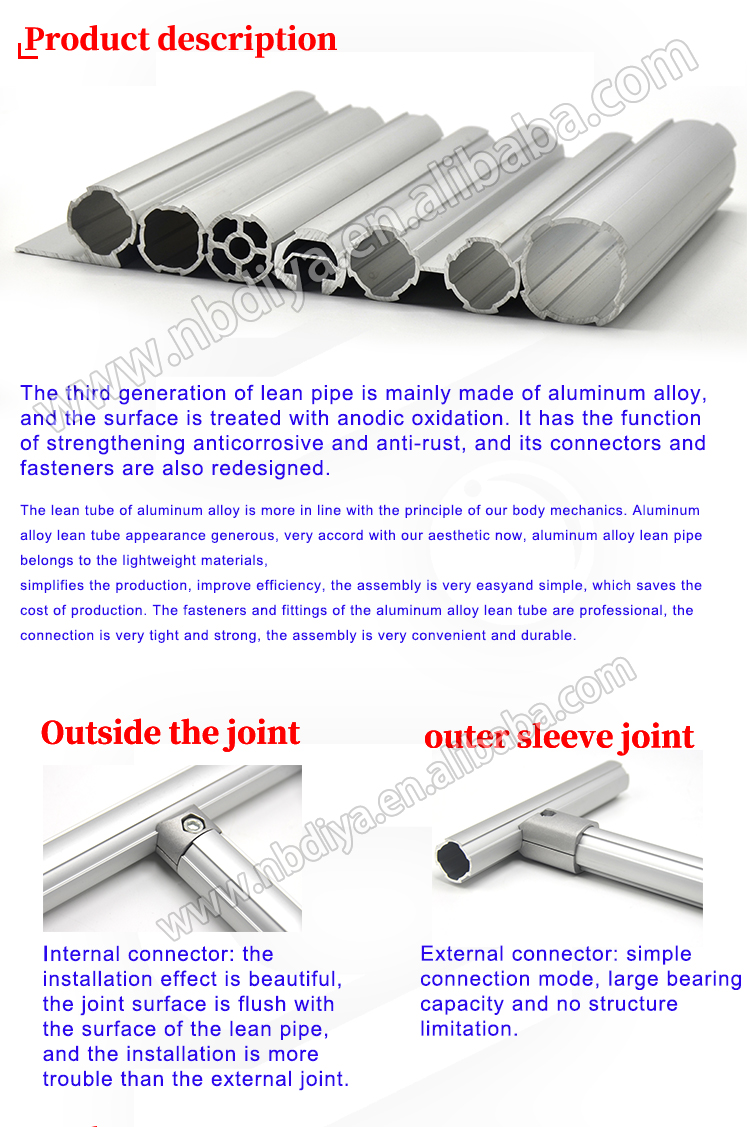 Flexible aluminum lean tube / pipe for warehouse storage racks, aluminum shelving systems