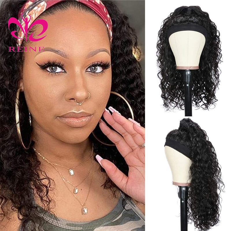 Full Cuticle Curly Headband Wigs Human Hair GlueLess None Lace 10A Virgin Peruvian Head Band double drawn human hair wigs