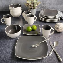 Gibson Soho Lounge Square Reactive Glaze Stoneware Dinnerware Set - Sustainable 16-Piece Service for 4, Grey/White, Ceramic
