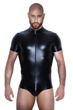 Black Men's Short Sleeve Zipper Leather Teddies