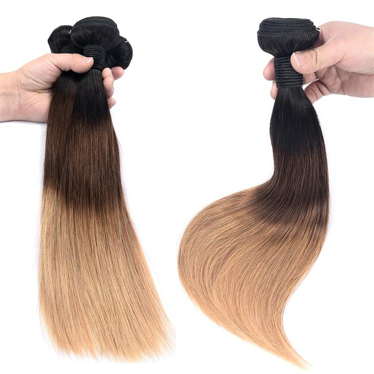 Three Tone Ombre Brazilian Human Hair Straight Hair Bundle Ombre 1B4/27 Hair Bundles With Closure