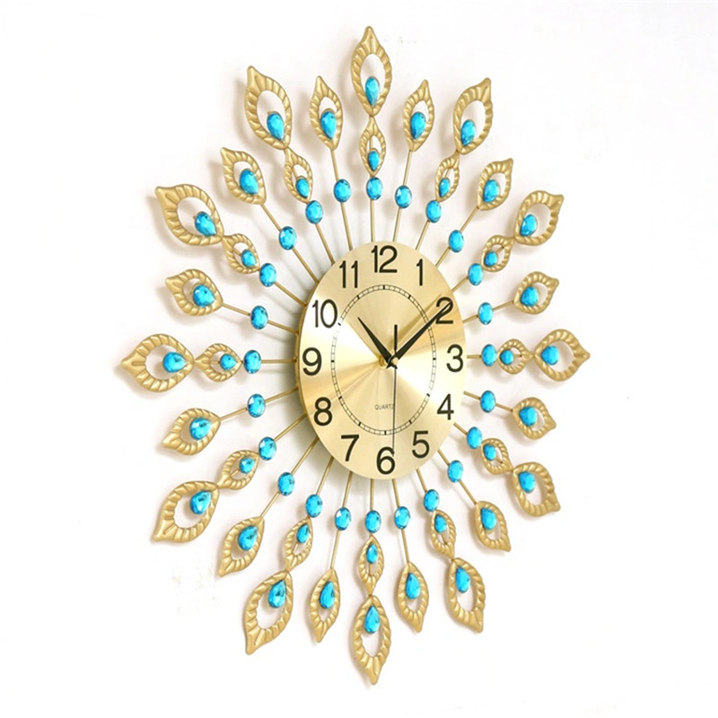 Home Decoration Diamond Metal Design Crystal Peacock Luxury Wall Clock