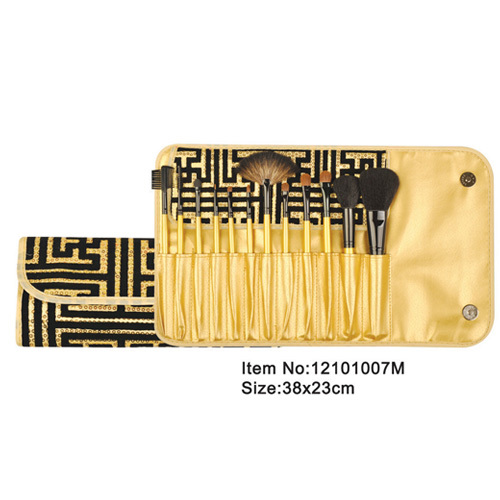12pcs golden plastic handle animal/nylon hair makeup brush tool set with printed golden satin case