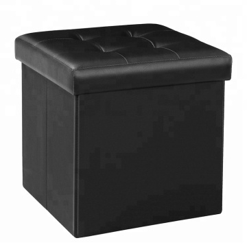 Black Leather Folding Storage Ottoman Button Design