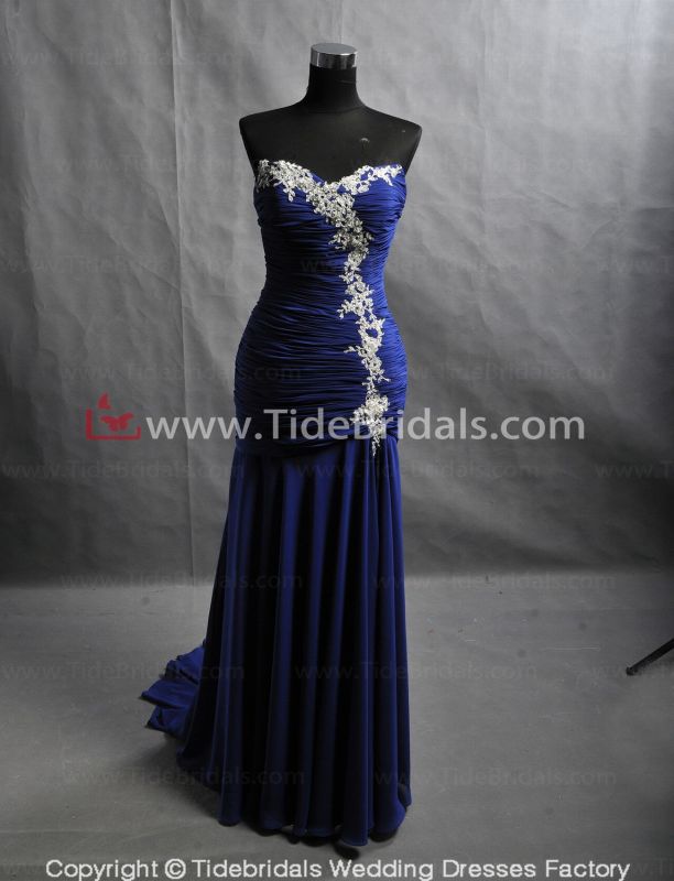 A-Line Sweetheart Royal Blue Evening Dress Chiffon Lace Wedding Party Gown Prom Dress Bridesmaid Dress (AS3391)