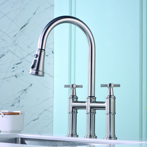 Three Hole Bridge Faucet with Pull-down Spray