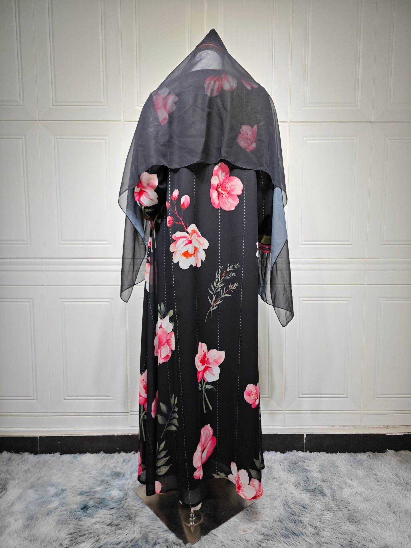 چاپ گل عبای باز با حجاب همسان Floral Print Open Abaya with Matching Hijab