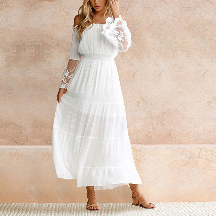 Best Quality White One Word Shoulder Lace Patchwork Sleeve Long One Piece Casual Dress