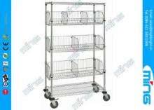 Powder Coated Mobile Wire Basket Shelving / Adjustable Wire