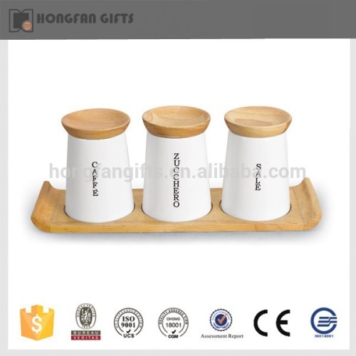 3pcs ceramic spice container with baboo lid and wooden holder