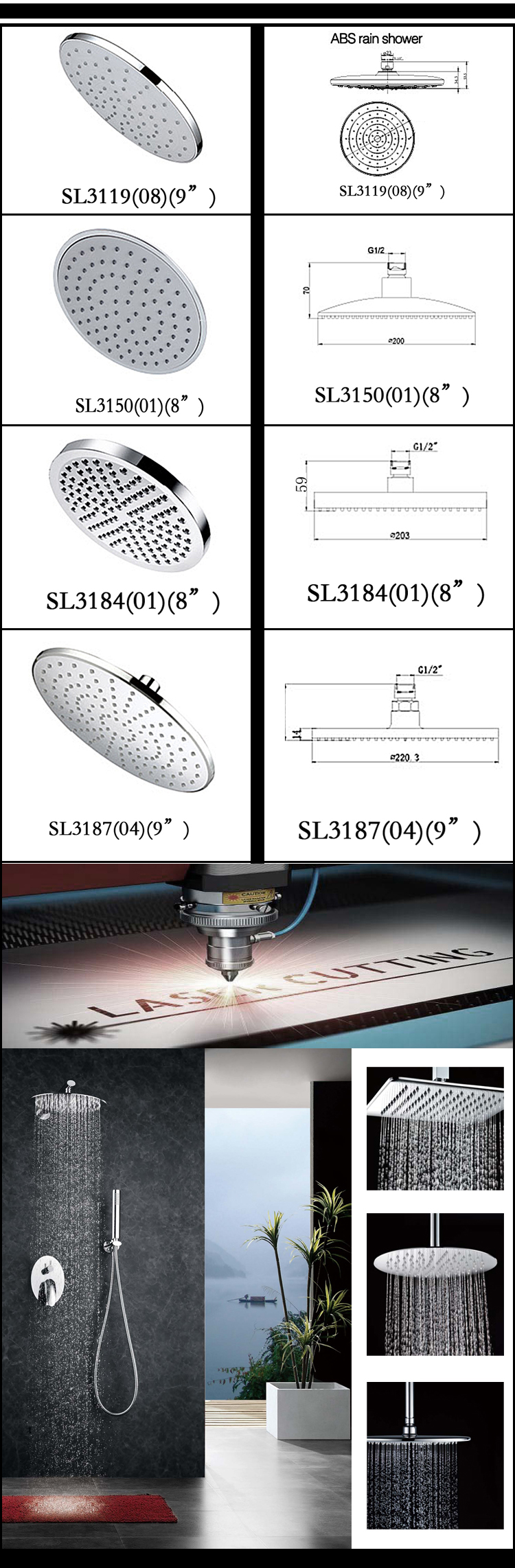 Different style ABS rain shower fixed shower head for shower room