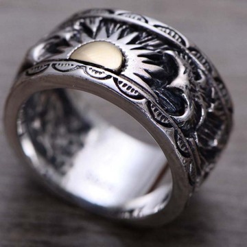 Mens Silver Band Ring Antique Engraving Silver Ring