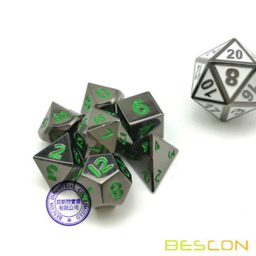 Bescon 10MM Mini Solid Metal Dice Set Glossy Black with Green Numbers, Mini Metallic Polyhedral D&D RPG Miniature Dice 7-sets