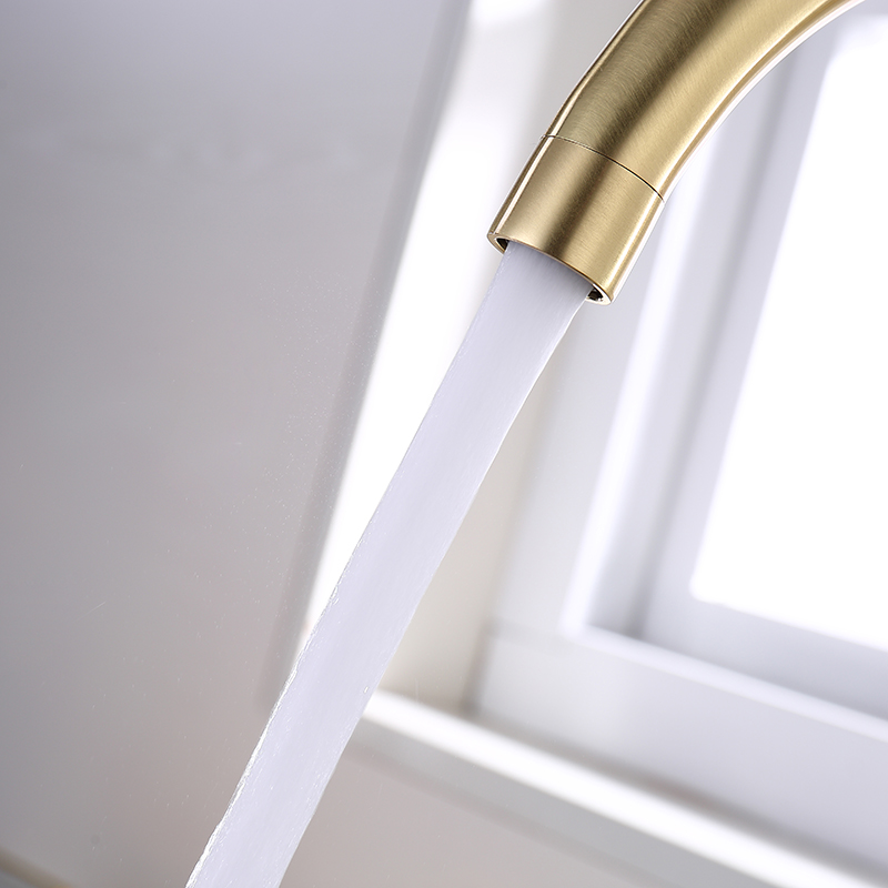 Pullout Brushed Gold Kitchen Faucet Effluent Detail Pullout Brushed Gold Kitchen Faucet Effluent Detail