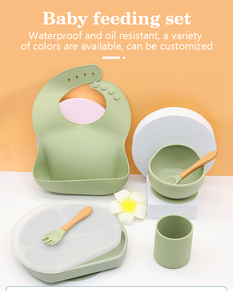 Factory 5 pieces of environmentally friendly silicone baby tableware feeding set water cup bowl spoon fork set and bib