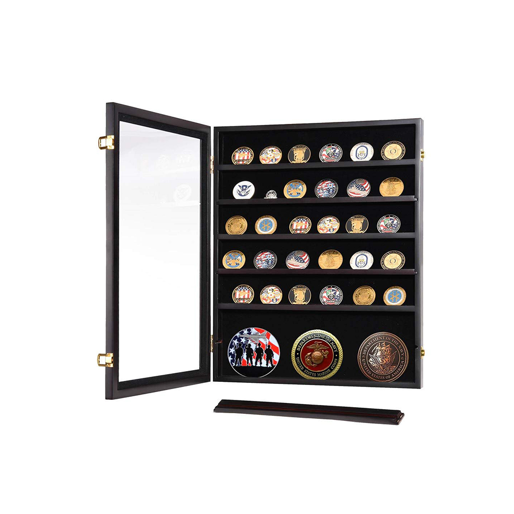 High Quality Solid Wood Coin Casino Poker Chip Display Case Shadow Box Medals Black Custom Photo Frame Wholesale