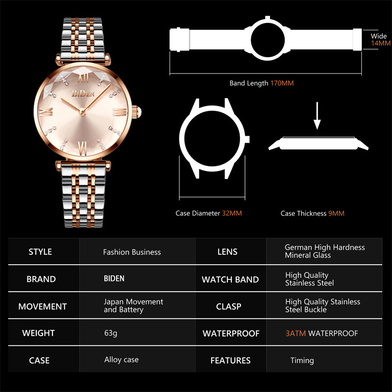 Biden 173 Women Watch Quartz Watches Fashion Crystal Ladies Wristwatches Diamond Stainless Steel Relogio Masculino