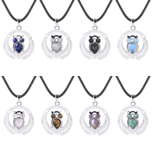 Gemstone Waterdrop Cabs Silver Owl Pendant Necklace 45cm Black Cord