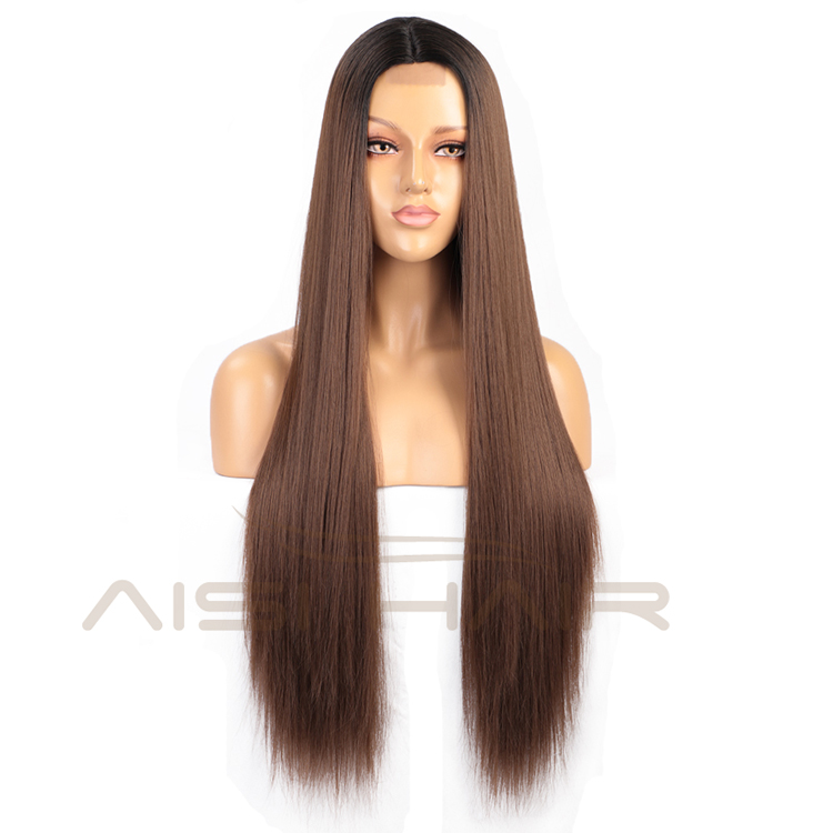 Aisi Hair Cheap High Quality Long Silky Straight Ombre Brown Dark Root Lace Wig Synthetic Hair Lace Front Wigs For Black Women