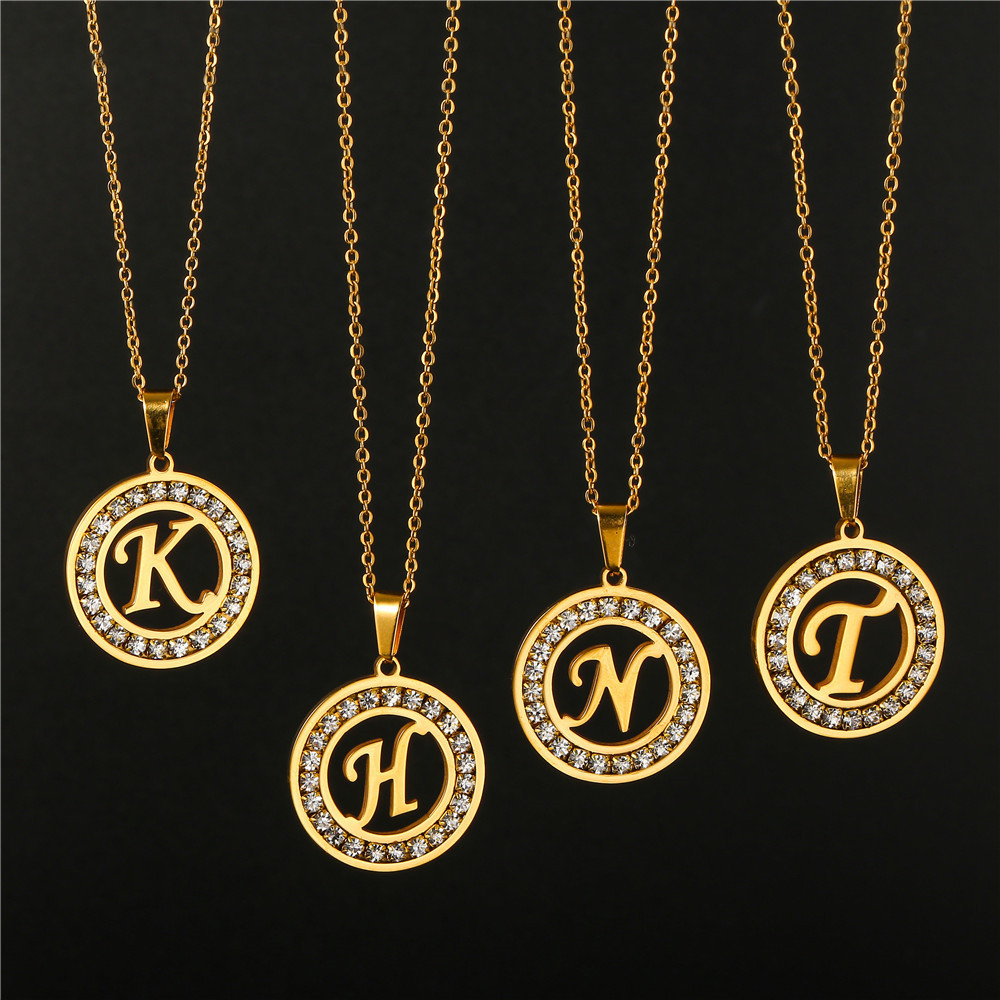 Fashion Jewelry 18k Gold Plated Hollow Round Alphabet Pendant Necklaces Cubic Zirconia Initial Necklace
