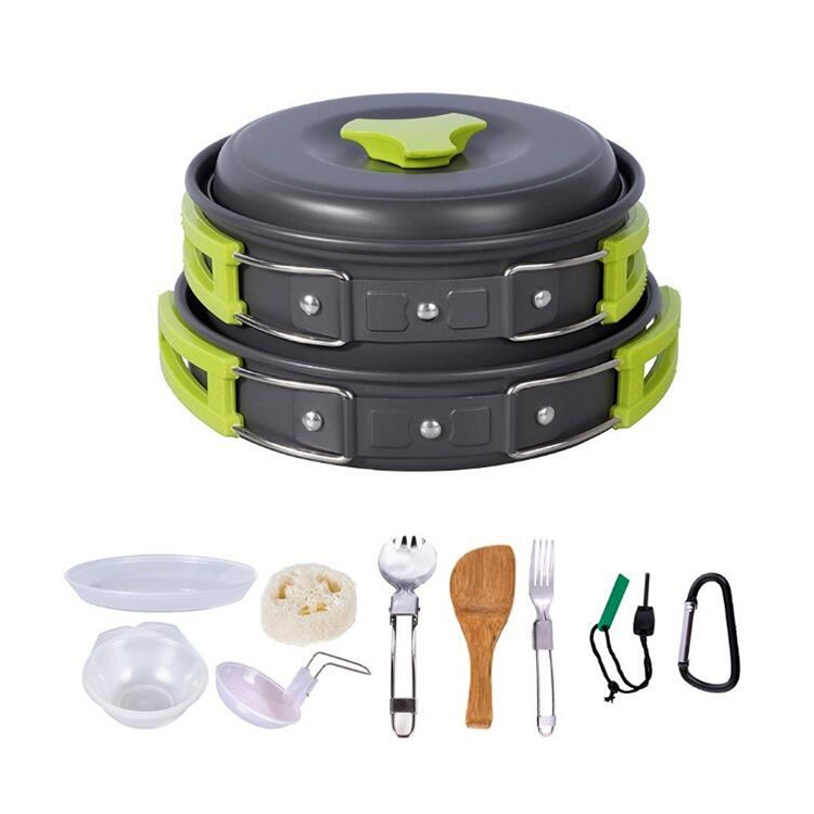 14 Piece Camping Cookware Pots and Pans Set Mess Kit Cooking Equipment Outdoors Cookset Hiking Bowl Fork Fire Starters Carabiner