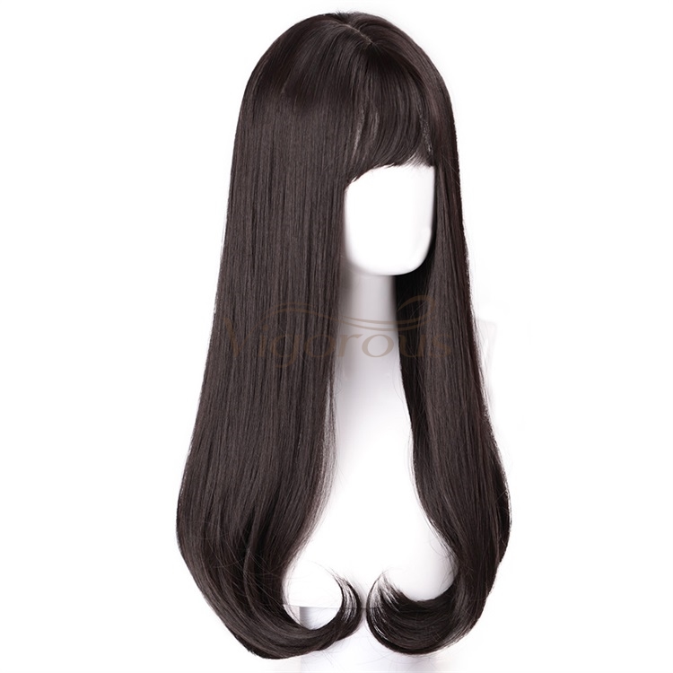 Vigorous Natural Straight Hair Wigs for Black Women Black Brown Synthetic Wigs with Blunt Bang Middle Part Heat Resistant Wig