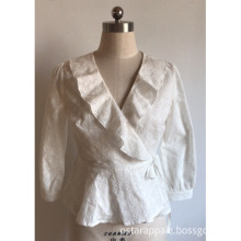 V-neck Stitches Plaid Short Ladies Blouse