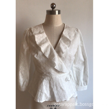 V-neck Stitches Plaid Short Ladies Blouse