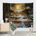 Bücherregal-Hintergrund-Tapisserie-Weinlese-Bücherregal-Bibliothek, die zum Himmel-Wand-hängenden Hochschulstudienraum führt