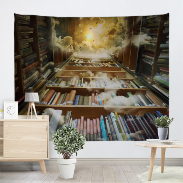 Bookshelf Backdrop Tapestry Vintage Bookrack Library Leading to The Sky Wall Hanging College Study Room
